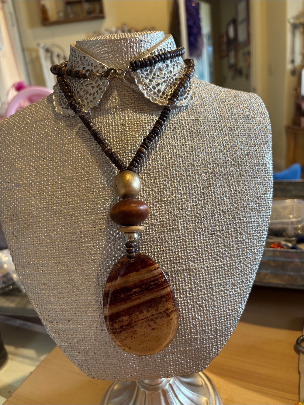 Handcrafted Brown Beaded Pendant Necklace - Natural Stone Focal